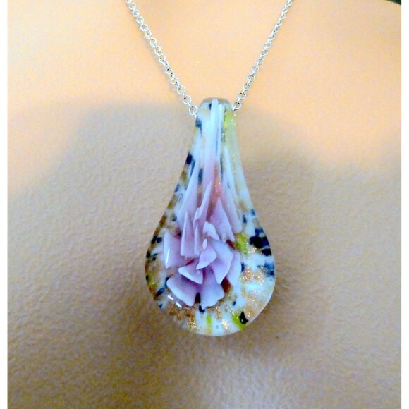 Murano Hand Blown Pink Floral Glass Pendant Copper Yellow Blue - Picture 2 of 9